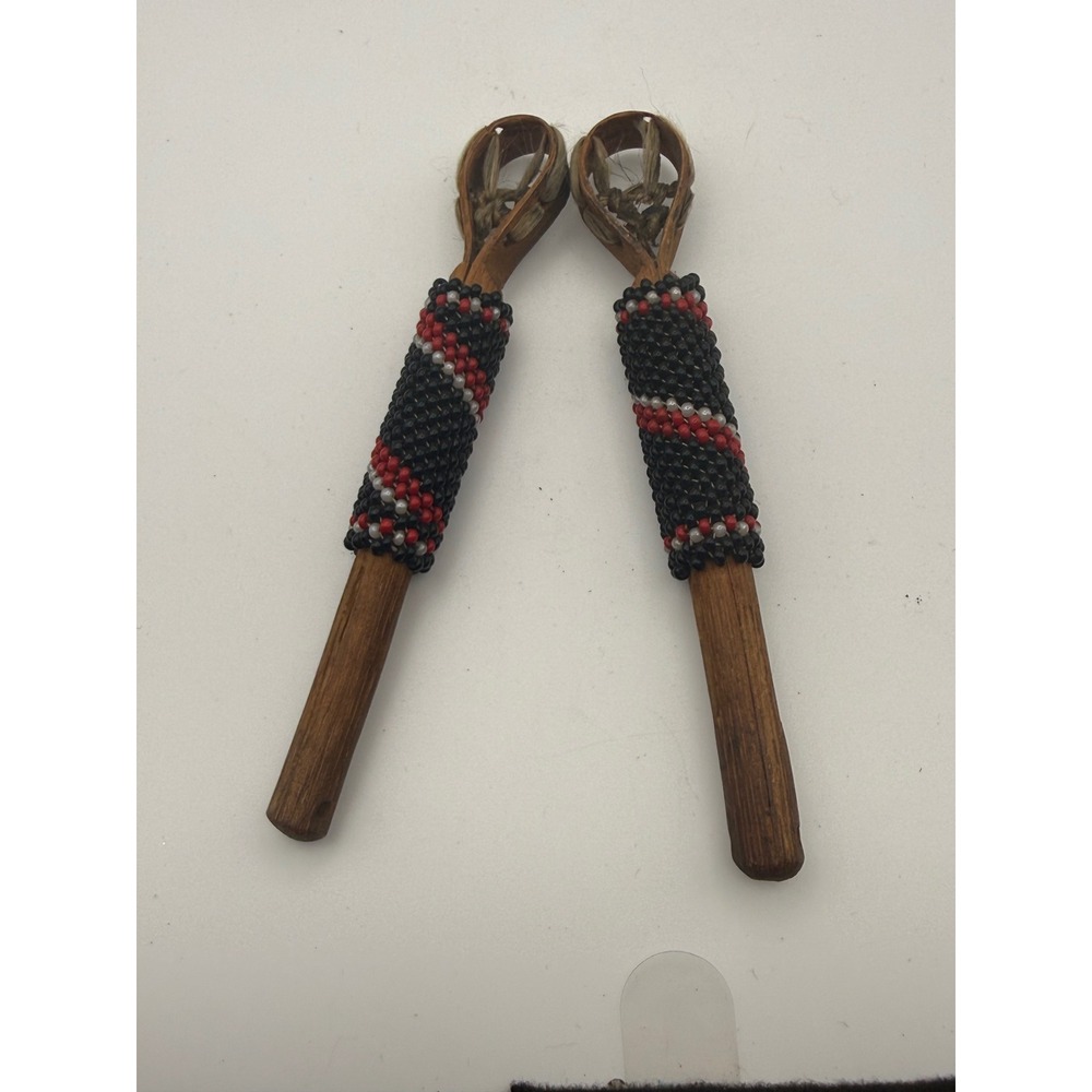 Vintage Beaded Wooden Shakers Pair Tribal Rhythm Percussion Folk Art Black Red